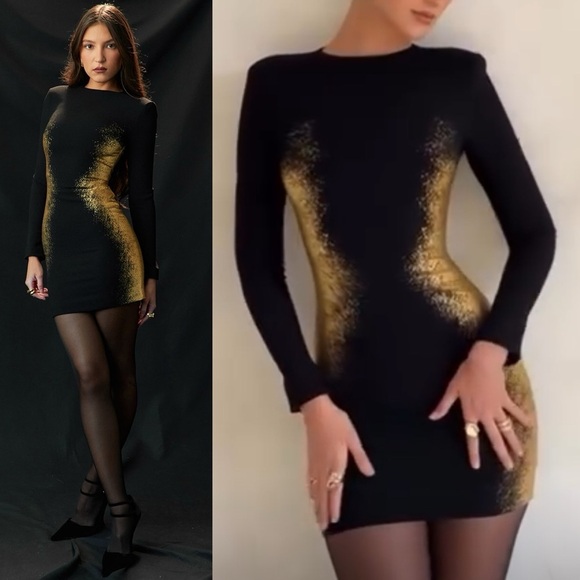 House of CB Dresses & Skirts - NEW! House of CB- Domenica Foil Long Sleeve Minidress Black Gold Size Medium
